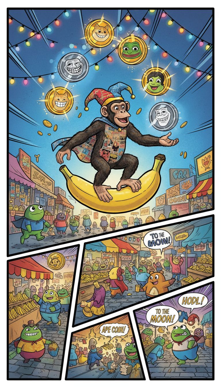 A comic-panel inspired spread showing Ham the monkey juggling shiny, stylized coins marked with humorous meme faces, each coin traced with bright highlights and outlined in bold ink. The scene is set in a comicbook-market plaza bustling with colorful, rounded forms—leaping frog mascots, banana stands, and playful signage. Festive festival lights dangle above, providing warm, dynamic illumination and casting lively shadows that dance across the cobblestones. The atmosphere is celebratory, packing whimsical details into every corner. Shot from an elevated, wide angle, the composition uses deep saturated colors and comicbook panel layouts, amplifying the sense of community, fun, and the playful side of crypto culture.