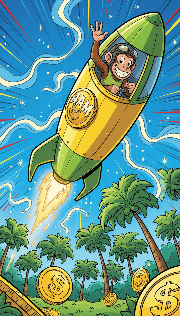An oversized, playful comicbook banana rocket ship emblazoned with the Ham meme coin logo, piloted by a grinning cartoon Ham the monkey waving one hand. The rocket soars upward from a stylized comicbook jungle clearing filled with rounded palms and golden coins scattered on the ground. Bright, almost glowing comicbook colors dominate, with dynamic streaks of motion and an electric blue sky. Splashes of light create starbursts and energetic highlights on the rocket and the monkey, while soft comicbook shadows give depth. Captured from a dramatic low-angle, the composition emphasizes upward movement and excitement, evoking the viral rise of meme coins with playful irreverence.