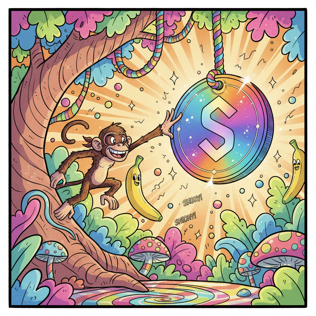 A mischievous comicbook-style Ham the monkey reaches for a massive, glimmering Solana coin suspended from a dangling vine in a fantastical, candy-colored jungle. The background features giant rounded leaves, cartoon bananas, and sparkles in a rainbow of colors. Lively daylight filters through the canopy, producing bright, cheerful highlights and soft, rounded shadows. The mood is whimsical and energetic, with a sense of playful challenge and anticipation. The slightly tilted, eye-level composition draws the viewer into the scene while fluid lines and comicbook inking accentuate the fun, animated style—a perfect fit for a viral meme coin setting.